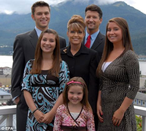 Sarah Palin and family: Husband Todd and son Track and daughters Willow (left), Bristol and Piper (bottom)