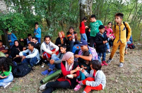 Группа мигрантов из разных стран отдыхают на обочине дороги после пересечения границы Сербии