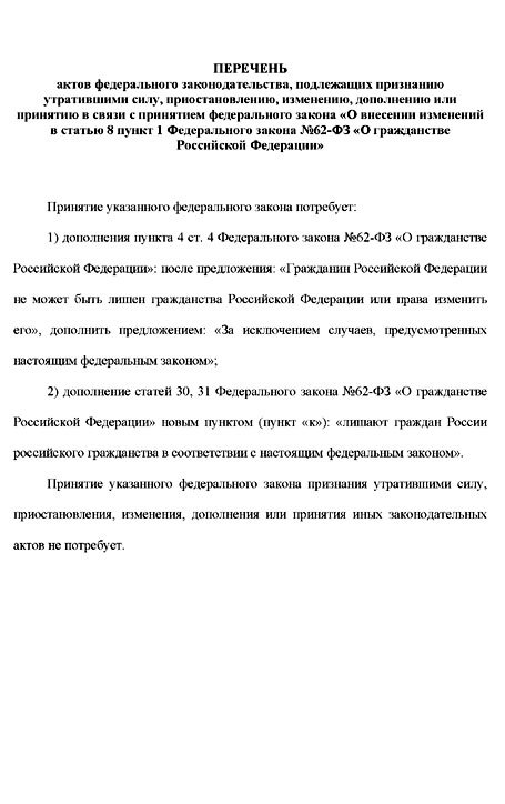 Текст поправок Н. Курьяновича в ''Закон о гражданстве''. Перечень актов, утрачивающих силу