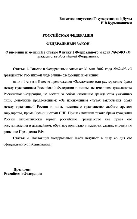 Текст поправок Н. Курьяновича в ''Закон о гражданстве''. Текст изменений